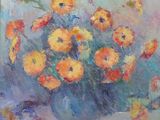 an oil painting of a vase filled with yellow flowers on a table