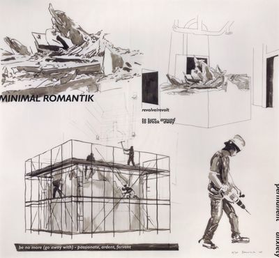 sketches of a man working on a construction project in a cage