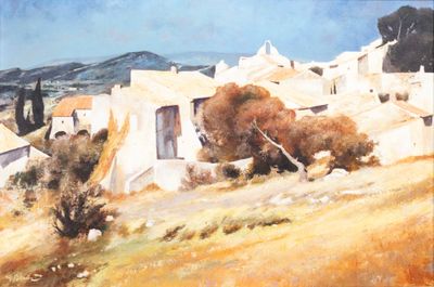 a painting of a village on a hill with trees in the foreground