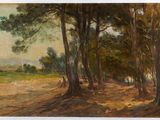 an oil painting of a dirt road with trees in the foreground