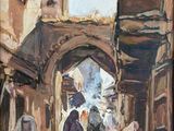 painting of a street scene with people walking through an archway