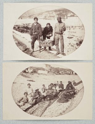 two old black and white photos of a group of men and women