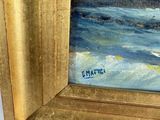 an image of a painting of a boat in a body of water with a mountain in the background