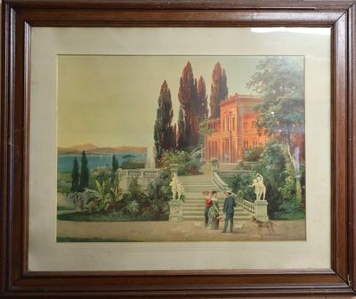 tableau encadré représentant un homme et une femme devant un bâtiment