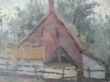 a painting of a house with a thatched roof