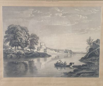 drawing of a view of a river with a castle in the distance