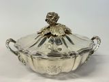 a silver bowl with a flower on top of it