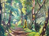 une peinture à l'huile d'un chemin dans une forêt avec des arbres