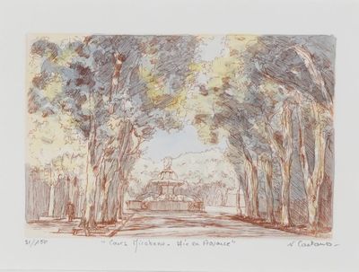 dessin représentant des arbres dans un parc, avec un bâtiment en arrière-plan