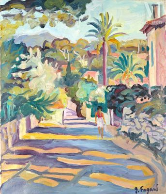 a painting of a painting of a street with trees and bushes
