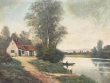 a painting of a boat on a river with a house in the background
