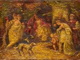 une peinture à l'huile représentant un groupe de personnes et un chien