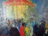 un tableau représentant un groupe de personnes sous un parapluie rouge