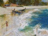 un tableau représentant des personnes marchant sur la plage près de l'eau