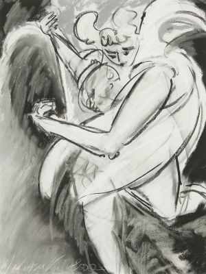 une image représentant un dessin en noir et blanc d'un ange tenant un bébé dans ses bras