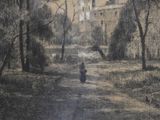 a drawing of a person walking down a path in the woods