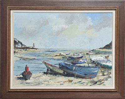 une peinture de bateaux sur la plage au bord de l'eau
