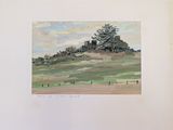 a picture of a painting of a hill with trees on it