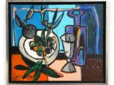 peinture d'un vase avec des fleurs sur une table