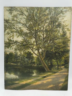 une image représentant un tableau d'un arbre au bord d'un lac