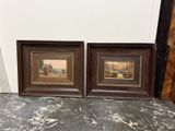 deux tableaux encadrés représentant une scène de vie à la ferme, posés sur un sol en marbre
