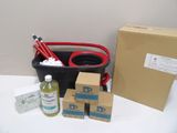 a black bucket with a red handle next to a package of cleaning supplies