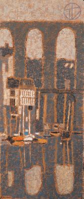 a picture of a painting of a table and chairs in a room