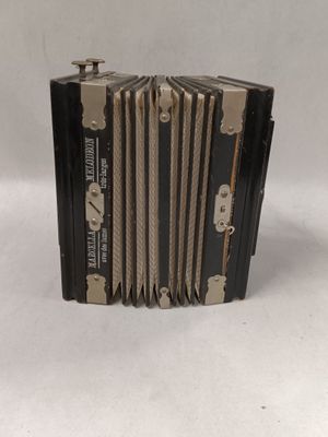 an image of a black accordion sitting on top of a white table