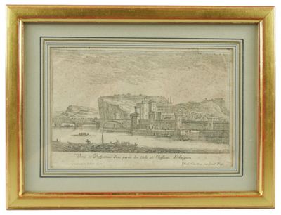un dessin représentant un château avec une rivière au premier plan