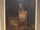 un vieux tableau représentant un homme assis sur une chaise, une canne à la main