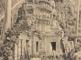 dessin représentant un temple dans la jungle, entouré de nombreux arbres