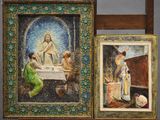 deux tableaux encadrés représentant Jésus et une femme assis à une table