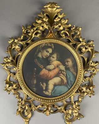 Cadre en bois et stuc redoré Italien renfermant une reproduc…
