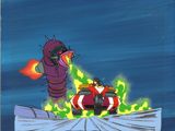 an image of a cartoon of a man on a boat with a dragon in the background