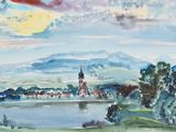 aquarelle représentant une église située sur une colline surplombant un plan d'eau