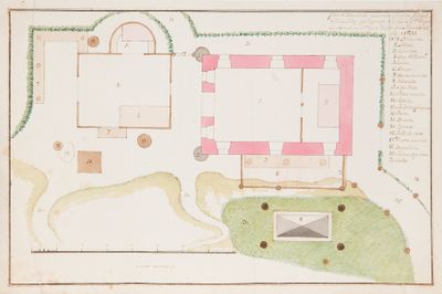 dessin représentant le plan d'un château avec une cour et un jardin