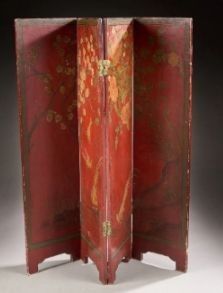 an image of a red room divider with a gold leaf design on it