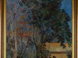 a painting of trees in a field with a blue sky in the background