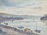 a painting of boats on the shore of a lake