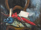 peinture représentant une peinture d'une chaise sur laquelle sont posés une guitare et un bout de papier