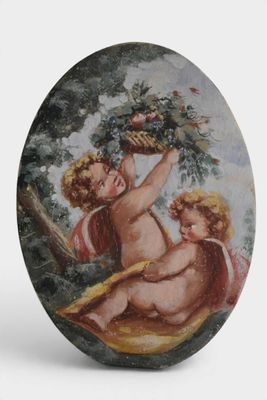 a picture of a painting of two cherenshes on a plate