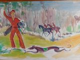 a picture of a painting of a man with a dog on a leash