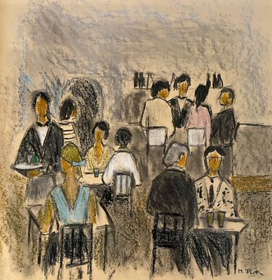Maurice PORTE Scène de café Pastel et rehauts de craie signé…