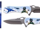 a knife with a picture of a fighter plane on it