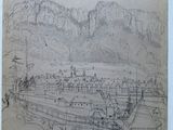 un vieux dessin représentant un bateau sur un plan d'eau, avec des montagnes en arrière-plan
