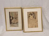 two framed pictures of a woman and a man sitting on a bed