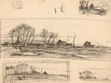 croquis représentant un paysage avec une ferme, une maison et un bateau