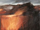 an oil painting of a desert scene with a dark sky