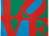a red, blue and green painting with the word love on it