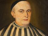 an old painting of a man with a black and white striped cape